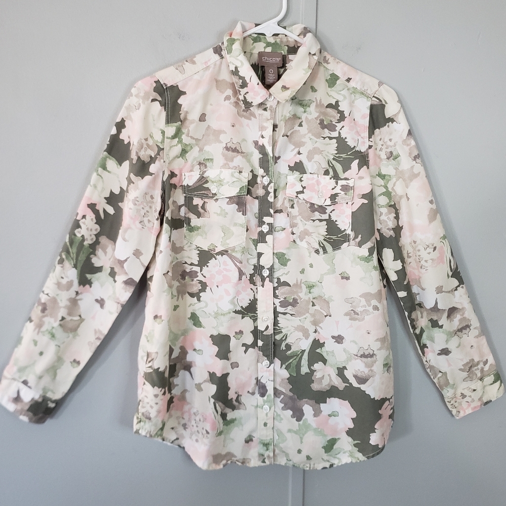 Chico's Garden Camo Soft Utility Button Down Shirt - Picture 3 of 13